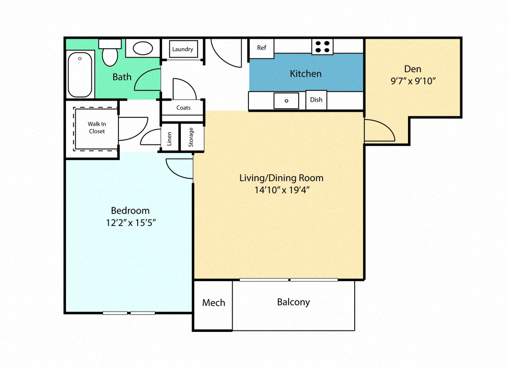 Floor plan for 1 bed, 1 bath, 950 sqft